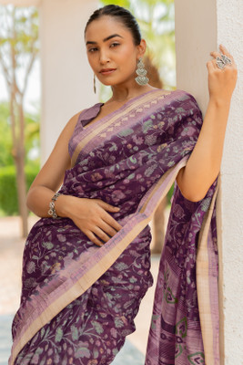 MIRCHI FASHION Floral Print, Temple Border Bollywood Cotton Blend Saree(Purple, Green, Multicolor)
