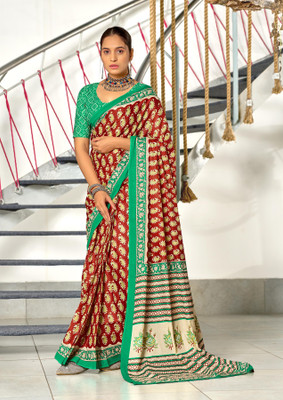 Divastri Blocked Printed, Printed Chanderi Cotton Blend Saree(Red)