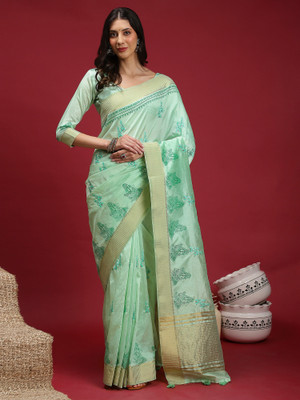 ANOUK Woven Banarasi Linen Saree(Light Blue)