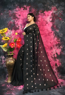 Rnn Saree Embroidered Handloom Pure Cotton Saree(Black)