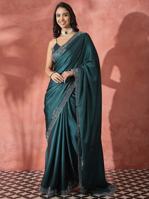 Sangria Embellished Daily Wear Satin Saree(Blue)