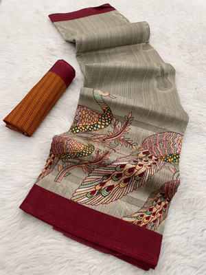 Gugaliya Printed Kalamkari Cotton Blend, Art Silk Saree(Multicolor)