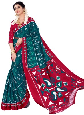 KAVYASELETION Temple Border Sambalpuri Cotton Blend Saree(Red, Green)