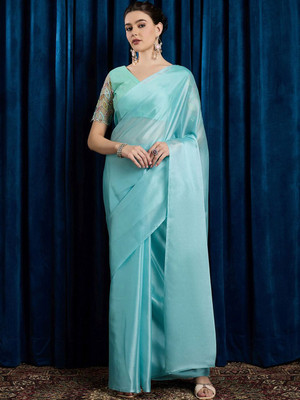 ANOUK Printed Bollywood Chiffon Saree(Light Blue)