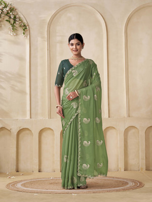 LAJEELEE Embroidered Bollywood Silk Blend Saree(Mustard)