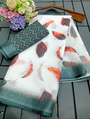 Mervadiya Digital Print Bollywood Linen, Cotton Linen Saree(White)