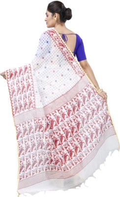 Shyamalisaree Woven Handloom Cotton Blend Saree(White)