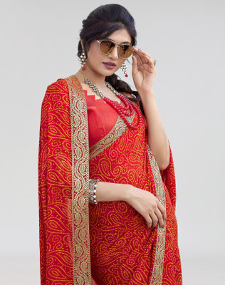ANIRAV Printed Bollywood Georgette, Lace Saree(Red)