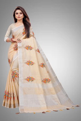 ALAGINI Embroidered Bollywood Cotton Linen Saree(Cream)