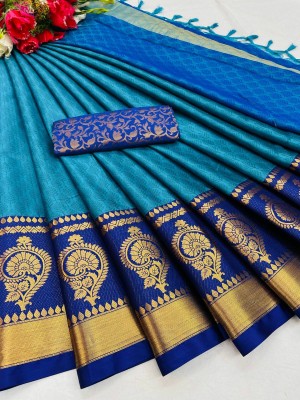 Harekrishna creation Woven Banarasi Jacquard, Cotton Silk Saree(Dark Blue, Light Blue, Gold)