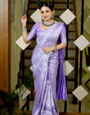Samah Woven, Embellished Kanjivaram Silk Blend, Jacquard Saree(Silver, Purple)