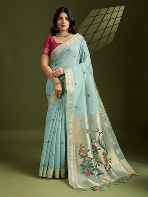 PeachPetals Floral Print, Self Design, Woven Banarasi Cotton Blend Saree(Light Green)