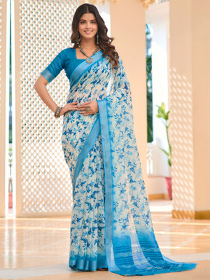 Sareemall Digital Print Hand Batik Cotton Linen Saree(Beige)