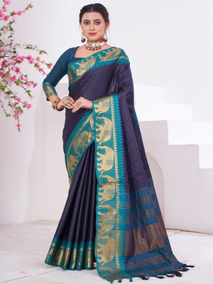 ANOUK Checkered Kanjivaram Silk Blend Saree(Blue)