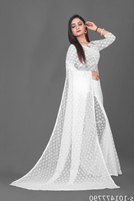 NexxaFashion Printed Banarasi Lycra Blend Saree(White)