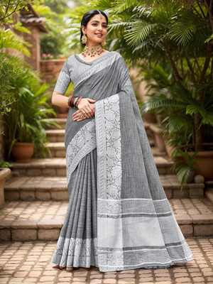 ANOUK Woven Bollywood Linen Saree(Grey)