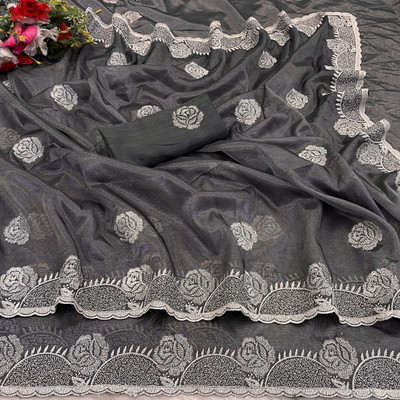 BELLETRENDZ Embroidered Bollywood Net Saree(Pack of 2, Grey)