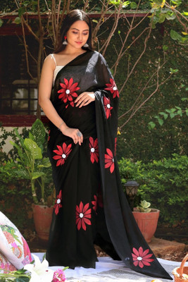 riyanshi fashion Solid/Plain, Self Design, Embellished Bollywood Cotton Linen Saree(Red)