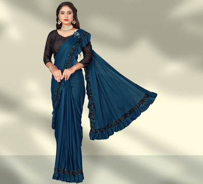 fentik.com Embroidered Leheria Lycra Blend Saree(Light Blue)