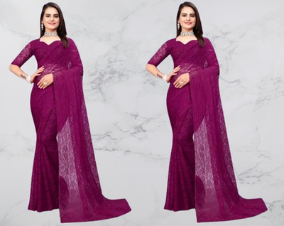 Vragi Self Design Bollywood Net Saree(Pack of 2, Purple)