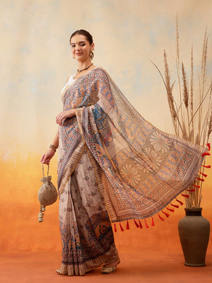 SILK ZONE Digital Print Chanderi Cotton Blend Saree(Multicolor)