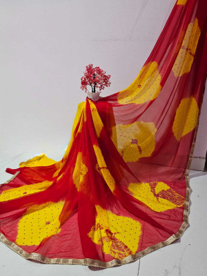 NeeLKANTH ENTERPRISE Temple Border, Embellished Mysore Chiffon Saree(Red, Yellow)