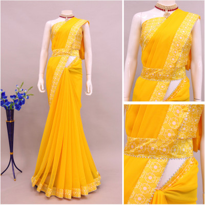 PRETTYAGE Digital Print Banarasi Georgette Saree(Yellow)