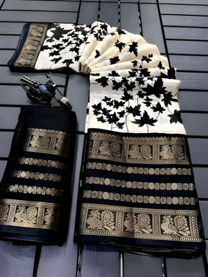 Lincy Printed Bollywood Cotton Silk Saree(White, Black)