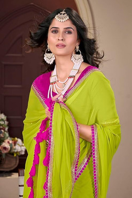 sareya veela Solid/Plain, Embroidered Bollywood Georgette Saree(Dark Green)