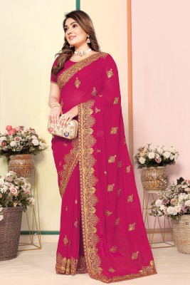 Radheradhey Embroidered, Floral Print Bollywood Georgette Saree(Pink)