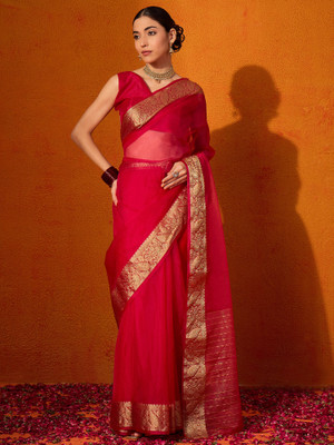 Divastri Woven Bollywood Organza Saree(Red)