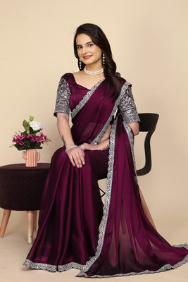 SAADHYA CREATION Embroidered, Solid/Plain Bollywood Chiffon Saree(Purple, Silver)