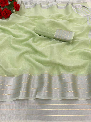 Vikash fab Solid/Plain Kasavu Cotton Linen Saree(Light Green)
