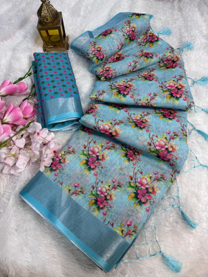 Divastri Digital Print Banarasi Cotton Linen Saree(Light Blue)