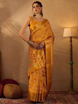 Anouk Rustic Printed Chinnalapattu Silk Blend Saree(Mustard)