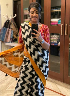 Arpita Fashion Color Block, Digital Print Bollywood Cotton Linen Saree(Multicolor)