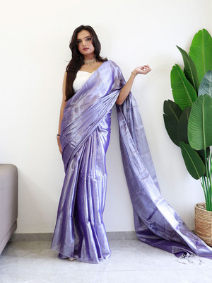 ANOUK Solid/Plain Saree with Attached Blouse Tissue Saree(Purple)