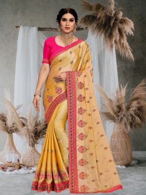 Manokamna Embroidered Bollywood Chiffon, Satin Saree(Pink, Beige, Yellow)