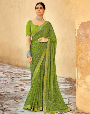 SIRIL Striped, Embellished Bandhani Georgette Saree(Light Green)