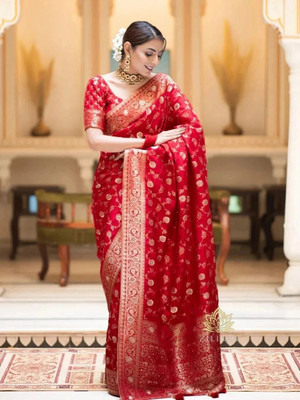 looknchoice Woven Banarasi Pure Silk, Art Silk Saree(Red)