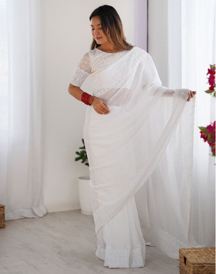 Satrani Embellished, Embroidered Bollywood Chiffon, Georgette Saree(White)