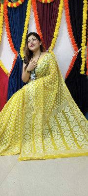 HouseOfCommon Self Design Jamdani Cotton Silk Saree(Mustard)