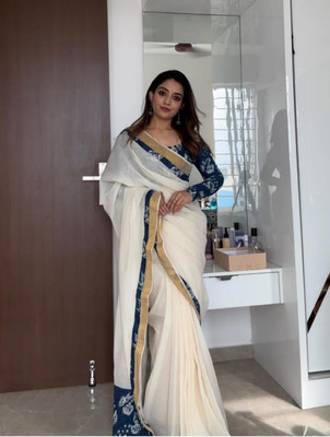 Anjaneya Sarees Printed Bollywood Linen Saree(White)