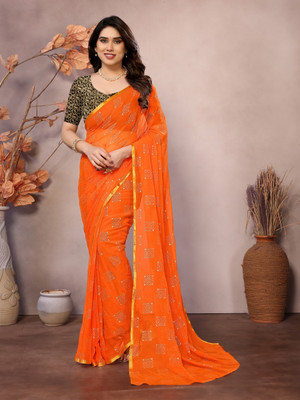 REDFISH Printed Bollywood Georgette, Chiffon Saree(Orange)