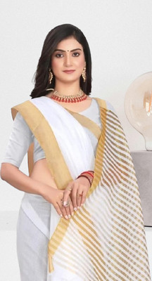 SHRISAREEESa Striped Bollywood Pure Cotton Saree(White)