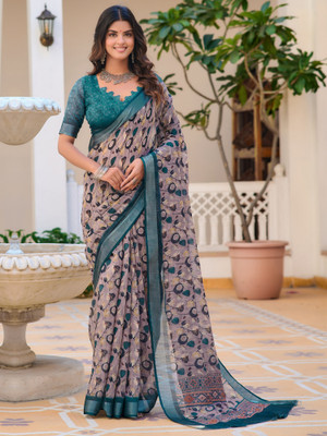 Tasrika Digital Print Chinnalapattu Cotton Linen Saree(Purple)