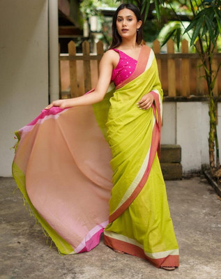 MAA ASHIRWAD SAREE Solid/Plain Bollywood Handloom Cotton Blend Saree(Light Green)