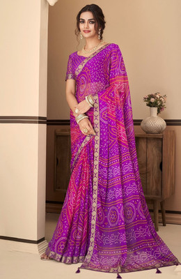 SainiVastra Printed Bandhani Chiffon Saree(Purple)