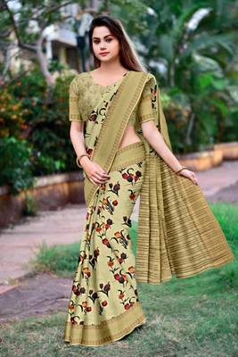 HouseOfCommon Floral Print Daily Wear Tussar Silk Saree(Brown)