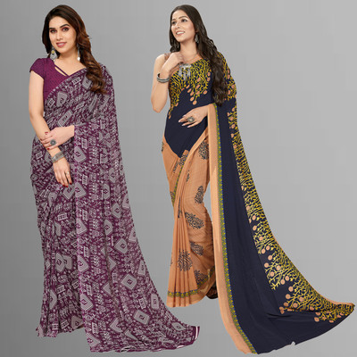 Anand Sarees Floral Print, Polka Print, Ombre, Printed Bollywood Georgette Saree(Pack of 2, Dark Blue, Beige, Purple)